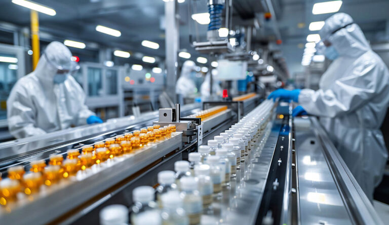 Workers on a pharmaceutical manufacturing